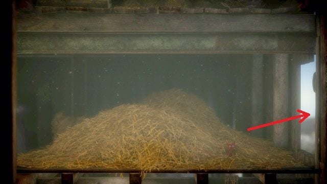 Druga droga, by wydostać się z pomieszczenia (poza tą koło pierwszego guzika), to rozpędzenie haka na piętrze koło siana w prawo, aby wyważył drzwi - Poziom 8 - The Letter | Opis przejścia Unravel - Unravel - poradnik do gry