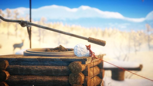 By przejść dalej nad na lodzie, musisz: zwalić szyszkę i jako kulę śniegową popchnąć na lód, nie przesuwaj do przerębla pierwszego kawałka lodu - przeskocz dziurę i pociągnij drugą bryłę lodu, która pasuje do pierwszej dziury - Poziom 9 - Winter Sun | Opis przejścia Unravel - Unravel - poradnik do gry