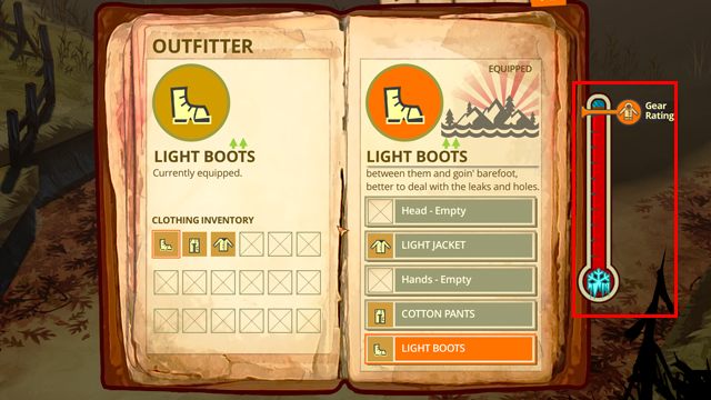 Menu Strojniś zawiera dane dotyczące posiadanych ubrań, ich stanu i ogólnej ochrony przed zimnem (zaznaczono na obrazku powyżej) - Interfejs | Podstawowe informacje | The Flame in the Flood - The Flame in the Flood - poradnik do gry