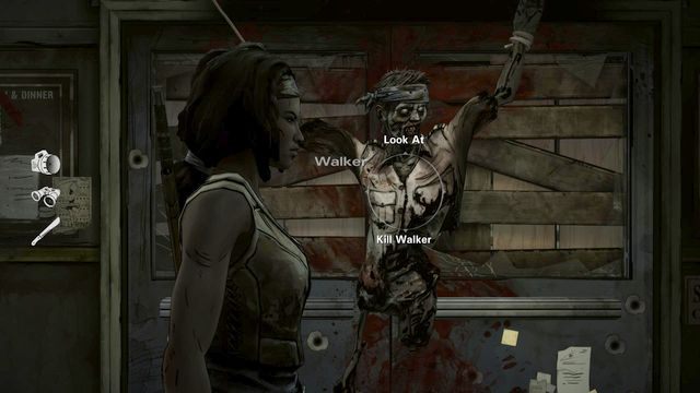 Po dotarciu do drzwi użyj maczety na przywiązanym zombiaku by dostać się do pomieszczenia za nimi Walker - Kill Walker - Rozdział 4 | Epizod 1 - In Too Deep - The Walking Dead: Michonne - poradnik do gry