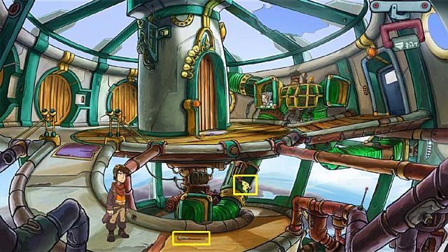 Po rozmowie Makiem zejdź trochę niżej i podnieś leżący na podłodze drewniany młoteczek, zabierz też pozostawioną na rurze (nieco niżej) skórę jaszczurki - Dostań się do strefy relaksu | Rozdział trzeci Deponia Doomsday - Deponia Doomsday - poradnik do gry