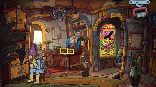 Z witrażowego okna w przejściu po prawej spróbuj odkleić naklejkę w kształcie ptaka - Uruchom maszynę czasu | Rozdział piąty Deponia Doomsday - Deponia Doomsday - poradnik do gry