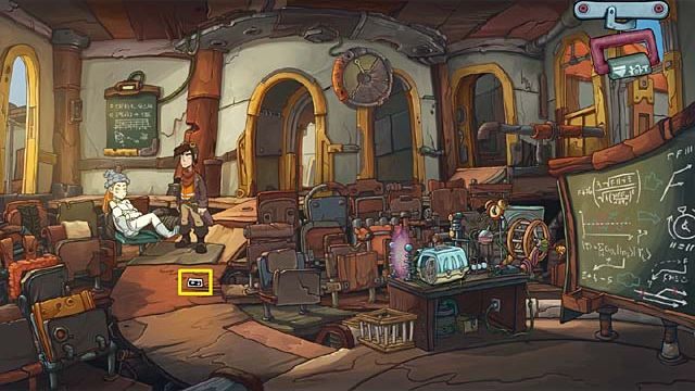 Kiedy Rufus przejdzie do sali wykładowej, pogadaj z Goal, po czym podnieś z podłogi zdjęcie, które upuściła dziewczyna - Uruchom maszynę czasu | Rozdział piąty Deponia Doomsday - Deponia Doomsday - poradnik do gry