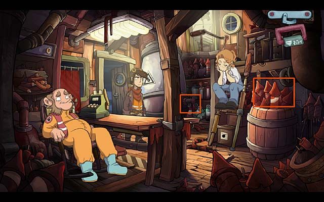 Za pomocą posiadanego klucza od wielkiego metalowego zbiornika obok drzwi (na lewo od Toni) odkręć kran - Zdobądź broń | Rozdział pierwszy Deponia Doomsday - Deponia Doomsday - poradnik do gry