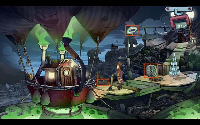 Weź zwój leżącej przy balonie liny i zarzuć ją na umieszczoną wysoko deskę klozetową - Zastaw pułapkę na słonia | Rozdział pierwszy Deponia Doomsday - Deponia Doomsday - poradnik do gry