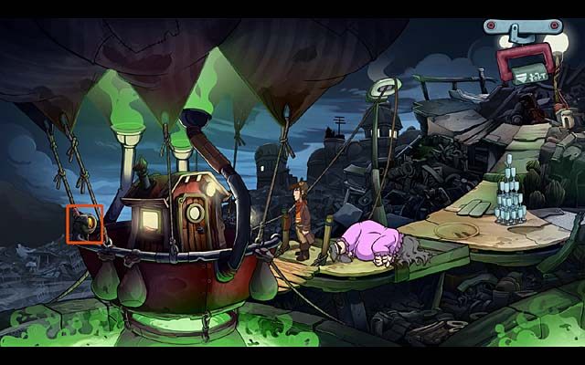 Przesuń dźwignię przepustnicy (z lewej strony balonu), po czym wejdź do domku, otwórz drzwiczki piecyka i wetknij płonący gruz do środka - Dostań się do Elizjum | Rozdział pierwszy Deponia Doomsday - Deponia Doomsday - poradnik do gry