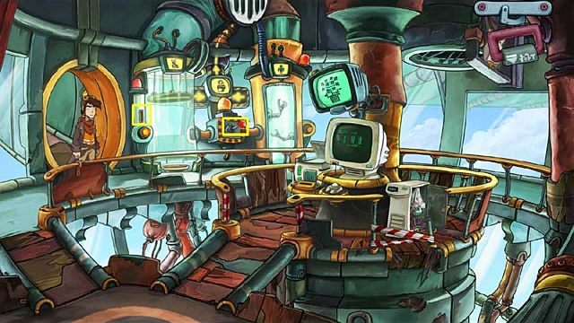 W szczelinę maszyny stojącej tuż obok wejścia (na prawo od niego) wsadź kartridż 02 (teoretycznie powinien to być 03, ale najprawdopodobniej w grze jest błąd - istotne, aby w maszynie pojawiło się drapieżne i wredne żółtawe stworzenie) - Sklonuj trzy jackalopy | Rozdział trzeci Deponia Doomsday - Deponia Doomsday - poradnik do gry