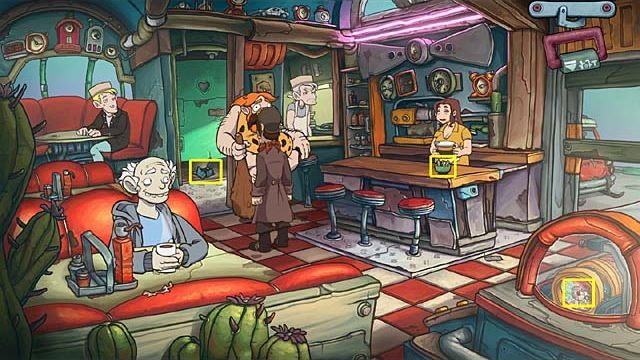 Opuść knajpę i pogadaj Rokko (dwukrotnie porusz kwestię kapsuły czasu), a także z Makiem, który zmaterializuje się znienacka - Dostarcz budowlańcowi kanapkę | Rozdział szósty Deponia Doomsday - Deponia Doomsday - poradnik do gry