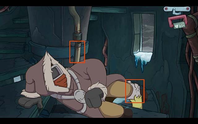 W trakcie ucieczki po schodach wieży uwolnij się z uścisku intruza, przypalając mu łapę, którą przytrzymuje nogę bohatera, improwizowanym miotaczem ognia - Dostań się do wieży | Prolog Deponia Doomsday - Deponia Doomsday - poradnik do gry