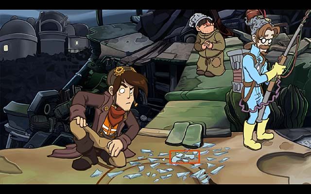 Skieruj się w stronę balonu, gdzie przyjrzyj się (PPM) odłamkom szkła - Wytrop kryjówkę słonia | Rozdział pierwszy Deponia Doomsday - Deponia Doomsday - poradnik do gry