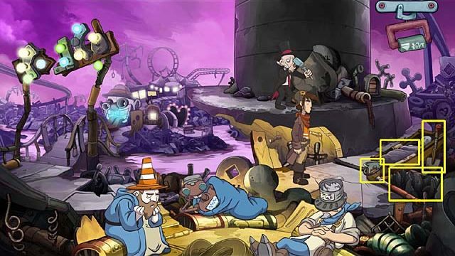 Wreszcie weź wbitą w ziemię obok trumny (po prawej) łopatę i wykop nią zgrabny dół (użyj jej na leżących tuż obok odpadkach o ostrych krawędziach), by przekonać mężczyznę, że Rufus zna się na rzeczy - Zdobądź frak i pierścionek zaręczynowy | Rozdział szósty Deponia Doomsday - Deponia Doomsday - poradnik do gry