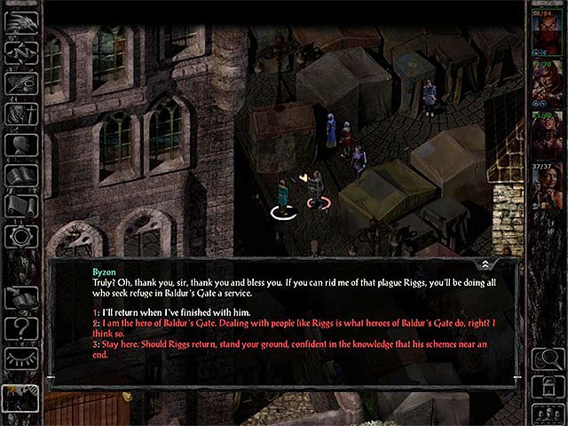 Po dotarciu do obozu uchodźców (M5,2) będziesz świadkiem scenki, w trakcie której strażnik Riggs odbierze uchodźcy Bizonowi należące do niego złoto - Zadania poboczne w Żelaznym Tronie - Żelazny Tron - Baldurs Gate: Siege of Dragonspear - poradnik do gry