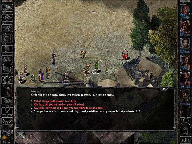 Szlachcica możesz odnaleźć w obozowisku uchodźców przy spalonej gospodzie (M7,3) i jest to Vessanal - Zadania poboczne w Coast Way Crossing - Coast Way Crossing - Baldurs Gate: Siege of Dragonspear - poradnik do gry