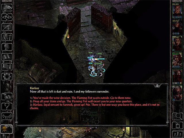 Po tym jak Korlasz straci większość paska zdrowia postanowi się poddać - Odnalezienie Korlasz - zadanie główne - Grobowiec rodziny Korlasz - Baldurs Gate: Siege of Dragonspear - poradnik do gry