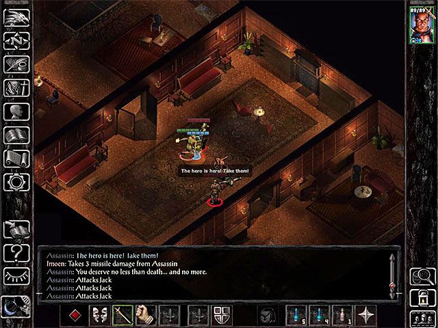 Pobyt w pałacu rozpoczynasz w kwaterze głównego bohatera (M2,1) i pierwszą czynnością jest odbycie rozmowy z Imoen, która będzie zaniepokojona podejrzanymi dźwiękami dochodzącymi z jej sypialni - Zabójcy w pałacu - zadanie glówne - Grobowiec rodziny Korlasz - Baldurs Gate: Siege of Dragonspear - poradnik do gry