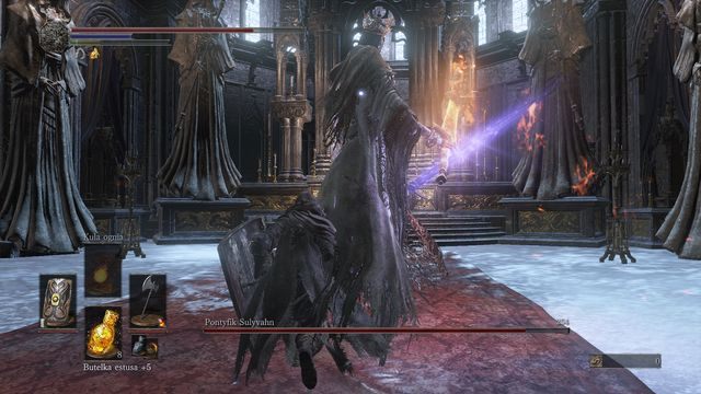 Obiegając przeciwnika masz szansę na zadanie jednego, dwóch ciosów, po czym powinieneś od razu odskoczyć. - Pontyfik Sulyvahn | Bossowie w Dark Souls 3 - Dark Souls III - opis przejścia i sekrety