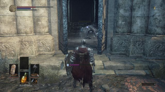 Potwór nie da rady wyjść za Tobą, blokując się w drzwiach - Osada Nieumarłych - od dużego placu, droga w prawo przez most | Opis przejścia - Dark Souls III - opis przejścia i sekrety