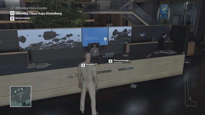 W przebraniu masażysty należy udać się na rozmowę z sekretarką. - Hitman: Zamordowanie Clausa Hugo Strandberga, Marrakesz - Złota klatka | Solucja - Hitman - poradnik do gry