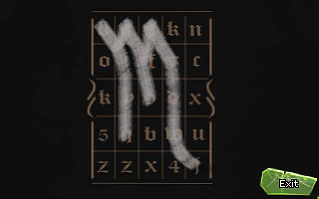 Zauważ, że litery w kratkach, przez które nie przeszła kreda, składają się na słowa (czytając od góry od lewej) zapukaj 5x, zadzwoń 4x (knock x5, buzz x4) - Oddaj list adresatowi | Akt pierwszy | Shardlight - Shardlight - poradnik do gry