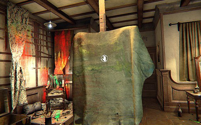 Kolejnym krokiem jest ściągnięcie zasłony z płótna znajdującego się w centrum pokoju - w tym celu pociągnij za materiał i zrzuć go z obrazu - Prolog | Opis przejścia Layers of Fear - Layers of Fear - poradnik do gry