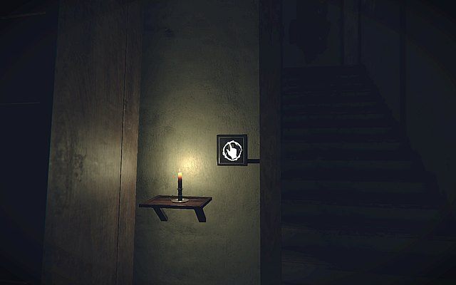 Kieruj się w kierunku beczki z zapaloną na niej świeczką, a następnie obróć się w lewo - idź w kierunku schodów i przyciśnij włącznik światła - Krok 1 - Płótno | Opis przejścia Layers of Fear - Layers of Fear - poradnik do gry
