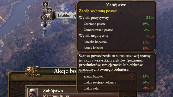 Ekran przedstawiający szansę na wykonanie akcji. - Korzystanie z bohaterów | Bohaterowie | Total War Warhammer - Total War: Warhammer - poradnik do gry