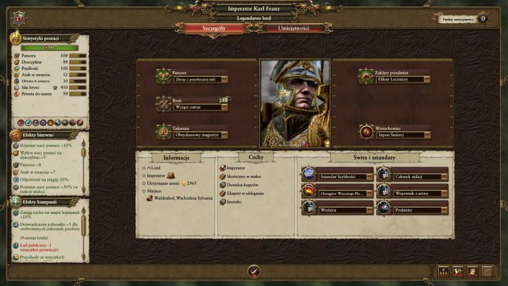 Okno ekwipunku pozwala z kolei dostosować przedmioty, sztandary i świtę. - Zdolności i ekwipunek Lordów oraz Bohaterów | Bohaterowie | Total War Warhammer - Total War: Warhammer - poradnik do gry