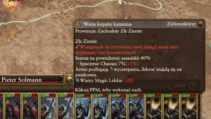 Po najechaniu na teren myszą wyświetlą się informacje o wpływie terenu na armię. - Poruszanie się po mapie świata | Porady na dobry początek do Total War Warhammer - Total War: Warhammer - poradnik do gry