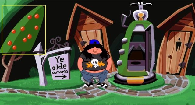 Wyjdź przed dom i udaj się w prawo, do miejsca, w którym po wyjściu z kapsuły czasu przejąłeś kontrolę nad Hoagiem - Pozyskaj składniki do produkcji super-baterii | Opis przejścia - Day of the Tentacle: Remastered - poradnik do gry