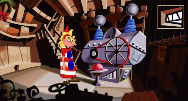 Teraz przełącz się na Laverne i użyj otrzymanej myszy na siedzącym na dachu kocie (cat), aby go złapać - Przywróć zasilanie kapsuły Laverne | Opis przejścia - Day of the Tentacle: Remastered - poradnik do gry