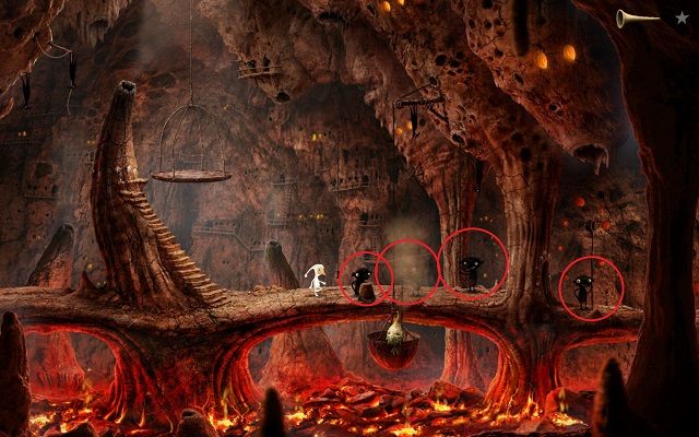 Zaznaczeni na obrazku pigmeje są bardzo muzykalni - Uwolnij Księżyc | Planeta Wulkanów Samorost 3 - Samorost 3 - poradnik do gry