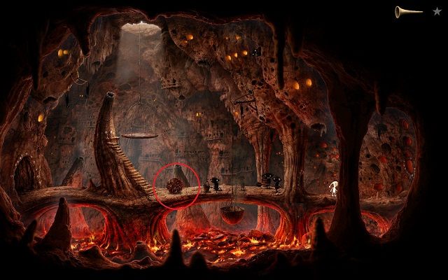 Po odegrani krótkiego utworu pigmeje wyciągną z garnka wybuchową kulkę, która posłuży do realizacji dalszej części zadania - Uwolnij Księżyc | Planeta Wulkanów Samorost 3 - Samorost 3 - poradnik do gry