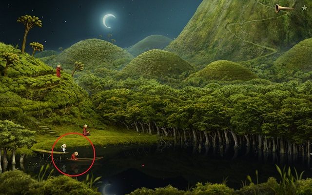 Żeby skorzystać z przewozu łodzią musisz podejść do mnicha na pomoście i w pierwszej kolejności najechać kursorem myszy na łódkę - Wejdź do wieży | Planeta mnichów Samorost 3 - Samorost 3 - poradnik do gry