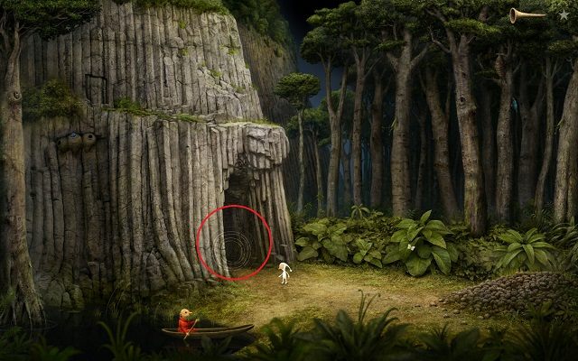 Po przeniesieniu się do kolejnego obszaru wykonaj interakcję trąbką na obszarze, który został zaznaczony okręgiem - Wejdź do wieży | Planeta mnichów Samorost 3 - Samorost 3 - poradnik do gry