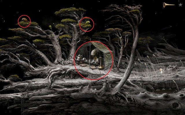 W kolejnej sekcji zobaczysz powyższy widok, okręgami zostały zaznaczone obiekty, które są istotne dla głównego wątku fabularnego - Zdobądź nasiona | Wielka Kłoda Samorost 3 - Samorost 3 - poradnik do gry