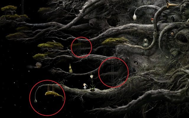 W pierwszej kolejności wykorzystaj drabiny zaznaczone okręgami na zdjęciu, żeby dostać się na sam dół lokacji - Zdobądź nasiona | Wielka Kłoda Samorost 3 - Samorost 3 - poradnik do gry