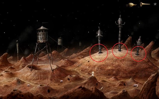 W kolejnej sekcji znajdziesz totemy z którymi możesz wejść w interakcje za pomocą trąbki - Uruchom Windę | Planeta Wulkanów Samorost 3 - Samorost 3 - poradnik do gry