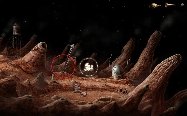 Po zebraniu książki zwróć uwagę na obiekt zaznaczony okręgiem na obrazku - Uruchom Windę | Planeta Wulkanów Samorost 3 - Samorost 3 - poradnik do gry