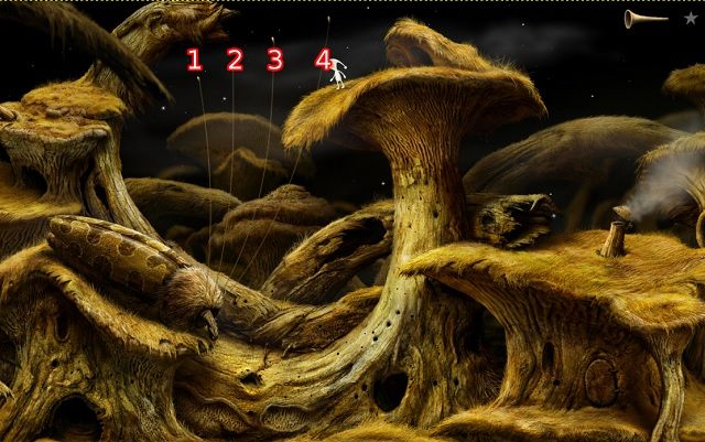 Poprawna kolejność interakcji jest następująca (w odniesieniu do numeracji z obrazka powyżej): 1, 3, 3, 2, 4, 1 - Zdobądź klucz | Włochata Planeta Samorost 3 - Samorost 3 - poradnik do gry