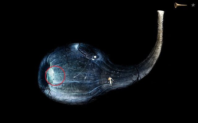 Podejdź do widocznej na zdjęciu dziurki od klucza i podobnie jak w przypadku trąbki - Zmień trasę Włochatej Komety | Włochata Planeta Samorost 3 - Samorost 3 - poradnik do gry