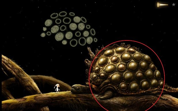 Podpowiedź którą zobaczysz po interakcji z żółwiem odnosi się do bąbli widocznych na jego skorupie - Napełnij naczynie | Włochata Planeta Samorost 3 - Samorost 3 - poradnik do gry
