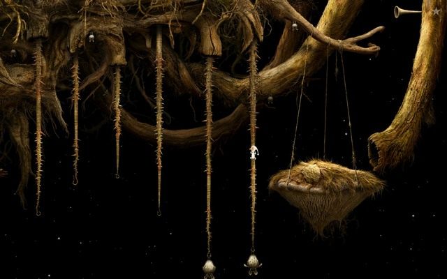 W pierwszej kolejności zawieś obydwa nietoperze na lianach widocznych na obrazku - Napełnij naczynie | Włochata Planeta Samorost 3 - Samorost 3 - poradnik do gry