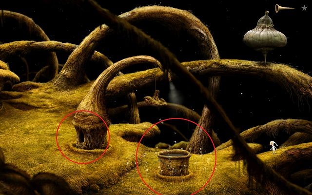 Po napełnieniu naczynia opuści się ono trochę niżej, jednocześnie wypychając w górę roślinę z której leciała woda - Napełnij naczynie | Włochata Planeta Samorost 3 - Samorost 3 - poradnik do gry