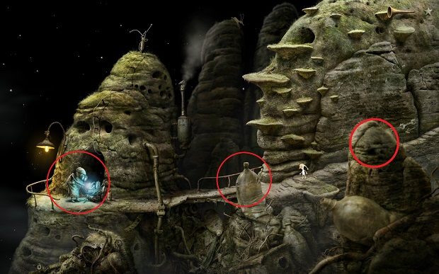 Po przejściu do ostatniej lokacji na planecie, zobaczysz warsztat mechanika, stertę śmieci i pagórki po których będzie biegała kozica - Zmontuj statek kosmiczny | Planeta Dom Samorost 3 - Samorost 3 - poradnik do gry