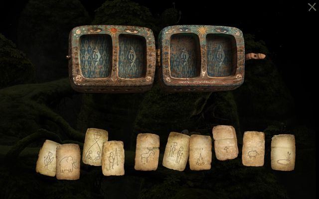 Karty przedstawiają (od lewej): łucznika, mamuta, namiot, wędkarza, łosia, włóczników, ogień, grzyba, dzika i staw - Zagadka Grzybiarza | Planeta Dom Samorost 3 - Samorost 3 - poradnik do gry