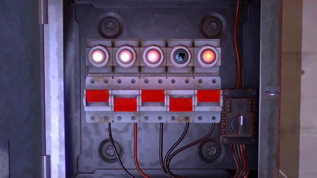 Po zabraniu baterii, wróć po wiertarkę i skorzystaj z niej by dostać się do zablokowanej skrzynki z bezpiecznikami wiszącej na ścianie obok drzwi - Rozdział 4 | Opis przejścia The Descendant - The Descendant - poradnik do gry