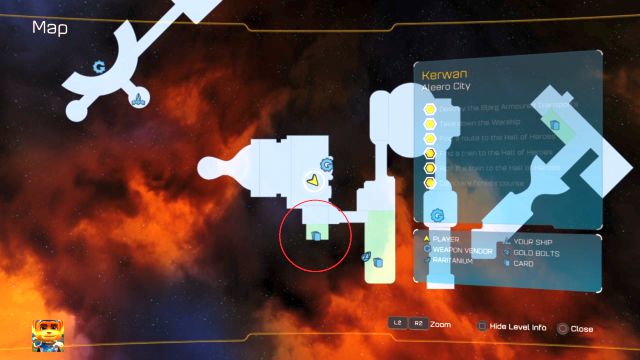 Lokalizacja karty zaznaczona na czerwono. - Ratchet & Clank: Karty ŻUBR-a/RYNO holocard - lista, wszystkie holokarty - Ratchet & Clank - poradnik do gry