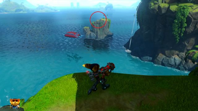 Widoczna w oddali skała ze Złotą Śrubką na jej szczycie. - Ratchet & Clank: Złote Śrubki/Gold Bolt - lista, wszystkie śrubki - Ratchet & Clank - poradnik do gry