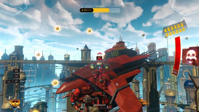 ... a następnie wyrzuć je w odpowiednim momencie, by uszkodzić okręt wojenny. - Ratchet & Clank: Okręt wojenny na Kerwan - boss, jak pokonać? - Ratchet & Clank - poradnik do gry