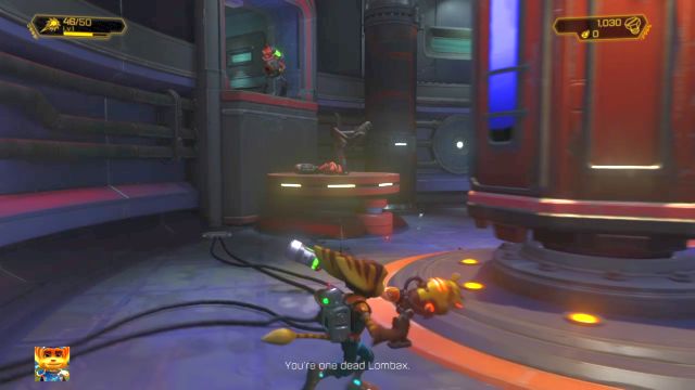 Walcząc z wrogiem uważaj, by nie wpaść przez dziurę w podłodze. - Ratchet & Clank: Planeta Novalis - solucja, opis przejścia, wszystkie zadania - Ratchet & Clank - poradnik do gry